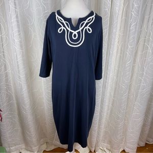 Talbots Dress Navy Blue White pipping 3/4” Sleeves 100% Cotton Size 2X